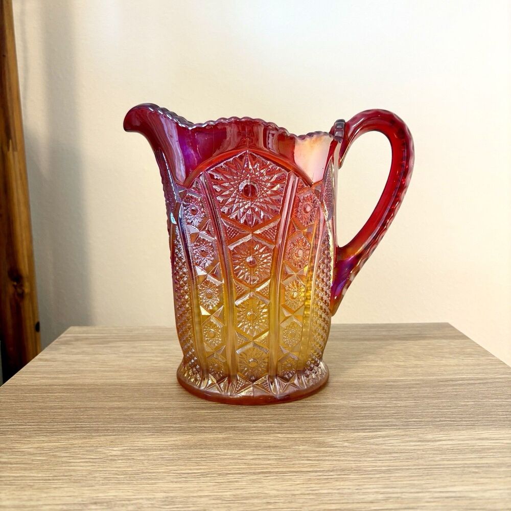 Vintage MCM Indiana Glass Heirloom Red Sunset Carnival Glass Pitcher 8” RARE